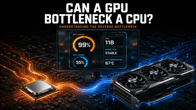 Illustration showing a GPU bottlenecking a CPU, where the CPU finishes its workload while the GPU becomes the performance limit during graphics rendering.