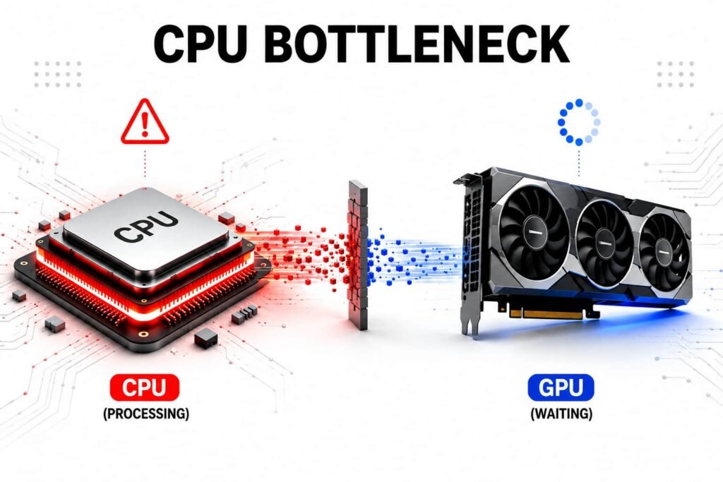 What Is a CPU Bottleneck? The Real Reason Your PC Feels Slow 1 Illustration showing a CPU bottleneck where the CPU is processing tasks while the GPU waits for data, resulting in reduced gaming performance and lower FPS.
