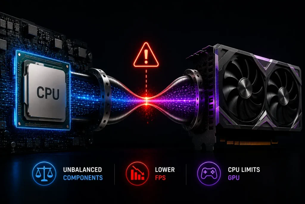 Illustration showing a CPU bottleneck limiting GPU performance, causing lower FPS and unbalanced PC components.