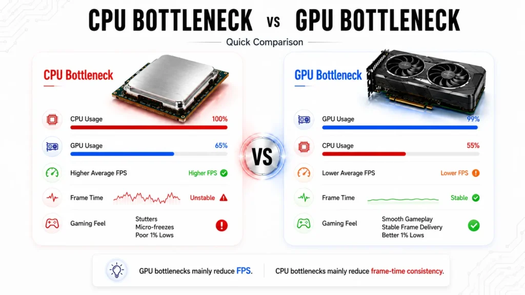 CPU Bottleneck vs GPU Bottleneck: Which One Is Actually Worse? (Signs, Causes and Fixes) 1 CPU vs GPU bottleneck comparison chart showing performance limits, usage differences, FPS behavior, and gaming symptoms
