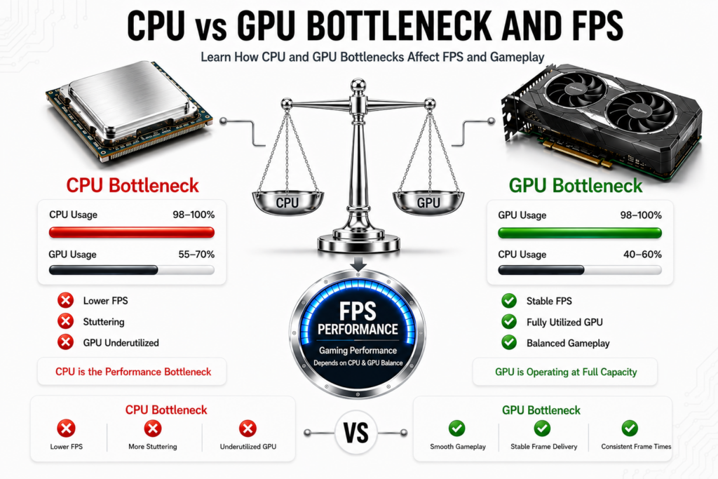 What Is FPS? Frame Rate Explained for Every Screen You Use 5 Infographic comparing CPU bottleneck and GPU bottleneck, showing how processor and graphics card usage affect FPS performance and gaming smoothness.