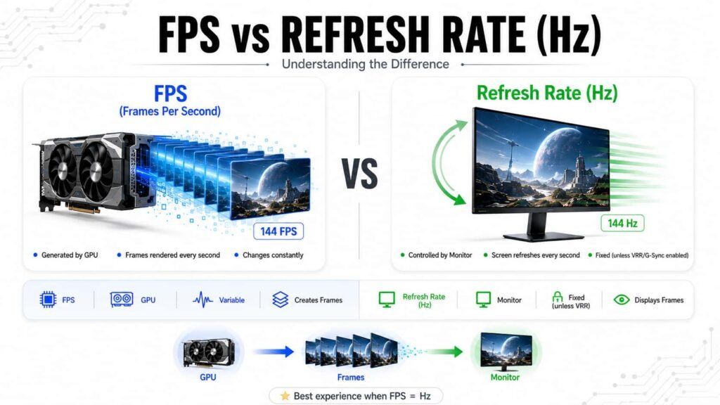 What Is FPS? Frame Rate Explained for Every Screen You Use 2 Comparison illustrating the difference between FPS (frames per second) and monitor refresh rate (Hz), showing how 60Hz, 120Hz, and 144Hz displays affect smoothness, screen tearing, and gameplay.