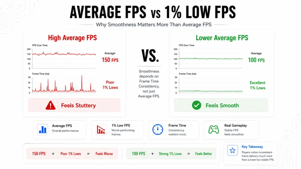 CPU Bottleneck vs GPU Bottleneck: Which One Is Actually Worse? (Signs, Causes and Fixes) 4 Infographic comparing average FPS and 1% lows, showing why CPU bottlenecks cause stuttering while GPU bottlenecks provide smoother frame delivery