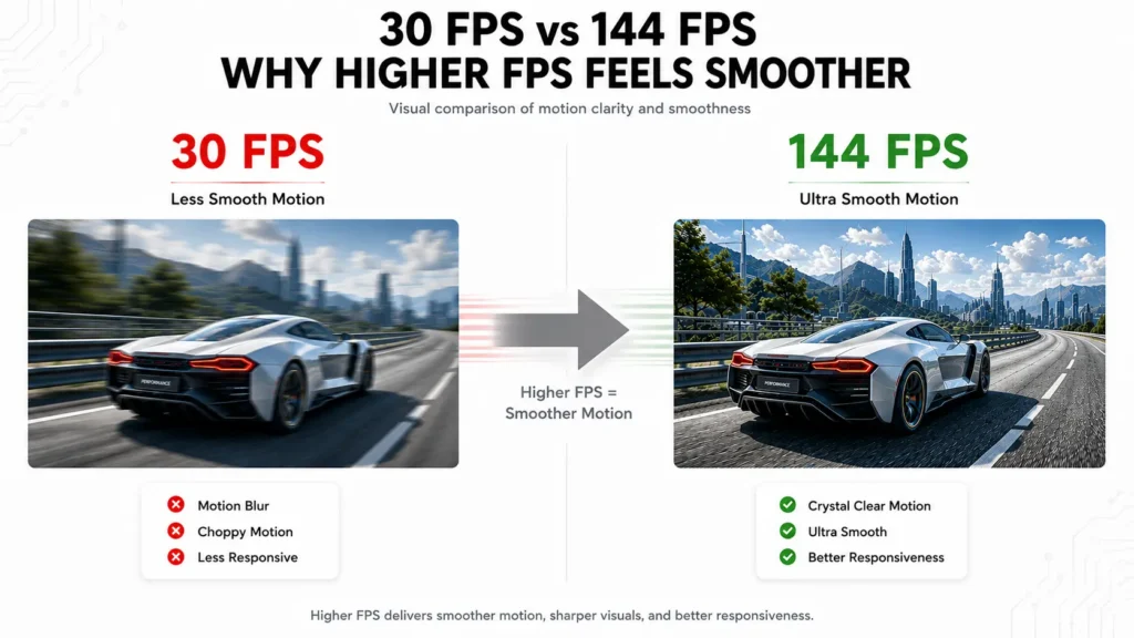 What Is FPS? Frame Rate Explained for Every Screen You Use 3 Infographic explaining how the human eye perceives frame rate, comparing 24 FPS film with 60 FPS, 120 FPS, and 240 FPS gaming motion.