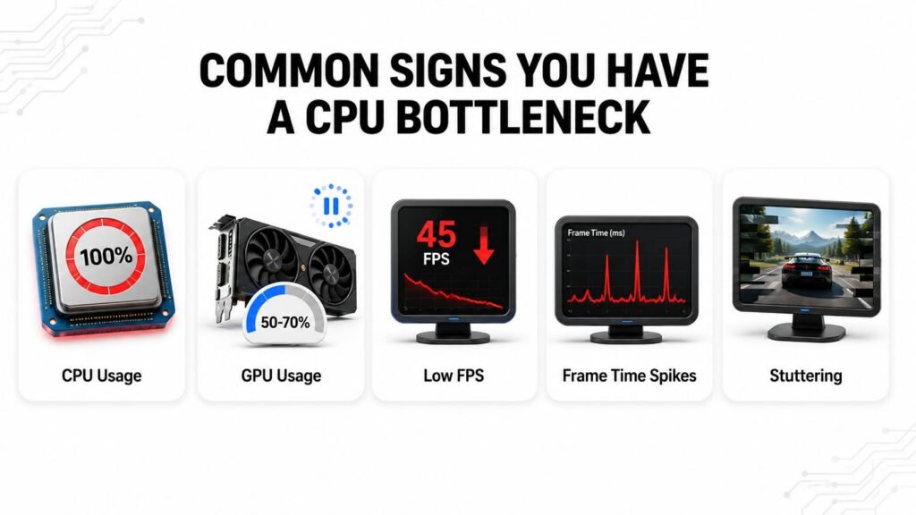 What Is a CPU Bottleneck? The Real Reason Your PC Feels Slow 4 Illustration showing how to identify a CPU bottleneck using Windows Task Manager by comparing CPU and GPU usage during gameplay.