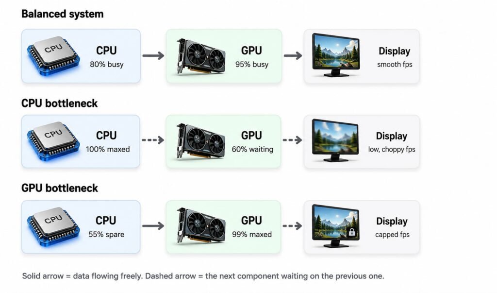 What Is a CPU Bottleneck? The Real Reason Your PC Feels Slow 3 Comparison diagram showing normal PC performance flow, CPU bottleneck, and GPU bottleneck, illustrating how CPU and GPU utilization affects gaming performance and frame delivery.