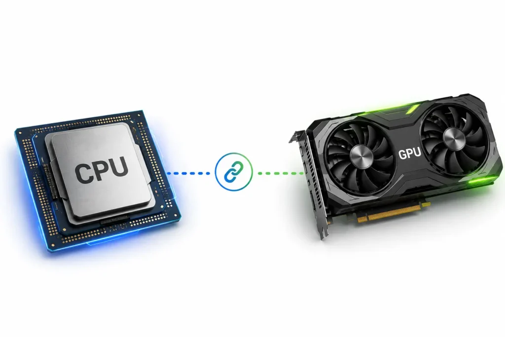 Illustration of a CPU and GPU connected together, representing recommended CPU and GPU pairings to avoid PC bottlenecks
