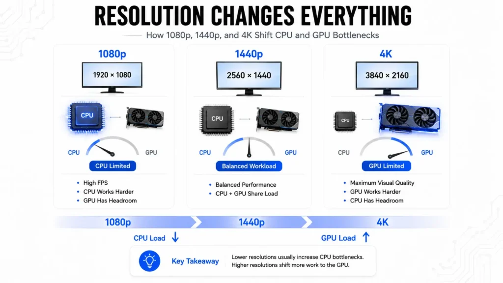 CPU Bottleneck vs GPU Bottleneck: Which One Is Actually Worse? (Signs, Causes and Fixes) 5 Comparison showing how 1080p, 1440p, and 4K resolutions affect CPU bottlenecks and GPU bottlenecks in gaming PCs