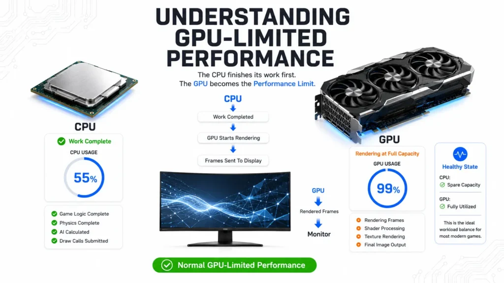 Can a GPU Bottleneck a CPU? Yes, Here's How the Reverse Bottleneck Works 1 Diagram explaining GPU-limited performance, showing the CPU completing its work before the GPU finishes rendering graphics.