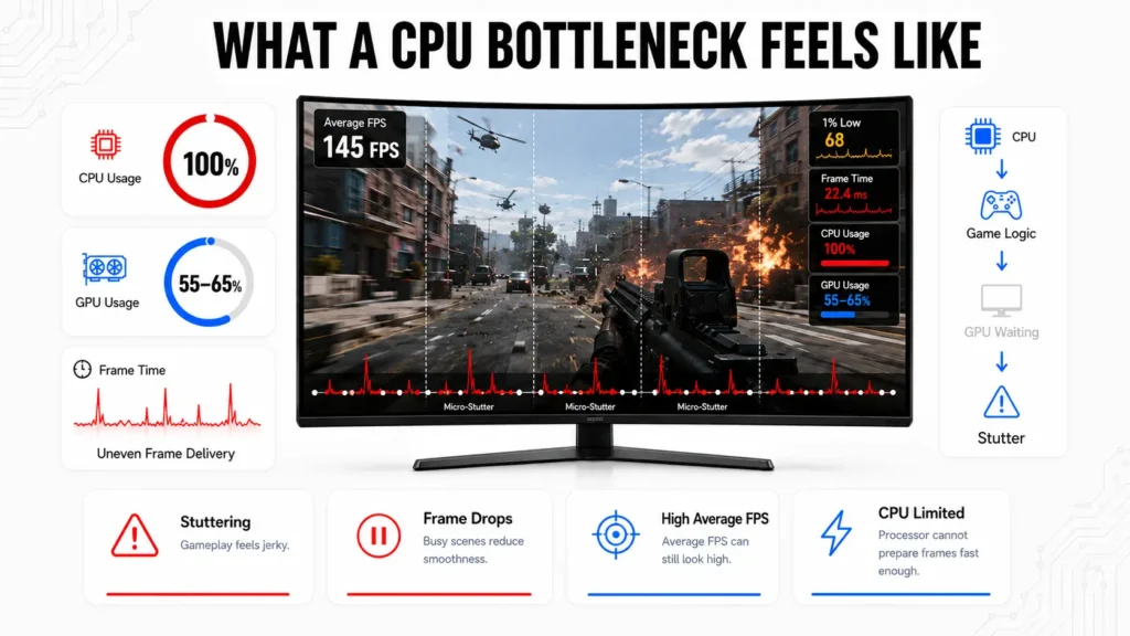 CPU Bottleneck vs GPU Bottleneck: Which One Is Actually Worse? (Signs, Causes and Fixes) 2 Illustration showing a CPU bottleneck causing stuttering, uneven frame times, and high CPU usage during gaming