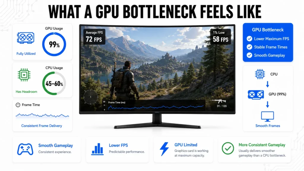 CPU Bottleneck vs GPU Bottleneck: Which One Is Actually Worse? (Signs, Causes and Fixes) 3 Illustration showing a GPU bottleneck with 99% GPU usage, consistent frame times, and smooth gaming performance despite lower FPS