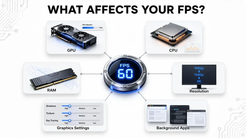 What Is FPS? Frame Rate Explained for Every Screen You Use 4 Infographic showing the main factors that affect FPS including GPU, CPU, RAM, resolution, graphics settings, game optimization, and background processes.