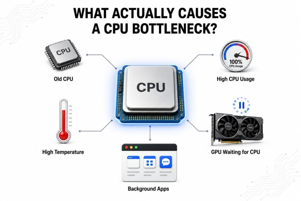 What Is a CPU Bottleneck? The Real Reason Your PC Feels Slow 2 Illustration showing the most common causes of a CPU bottleneck, including an old CPU paired with a modern GPU, CPU-intensive games, 1080p gaming, background applications, low core count, thermal throttling, and incorrect BIOS or power settings.