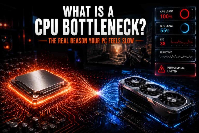 Featured illustration explaining a CPU bottleneck, showing a processor at 100% usage while a modern graphics card waits for data, reducing gaming performance and FPS.