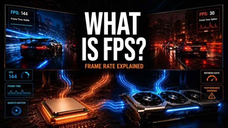 Illustration explaining FPS (frames per second) with different frame rates, monitor refresh rates, and smooth motion across gaming, video editing, and streaming.