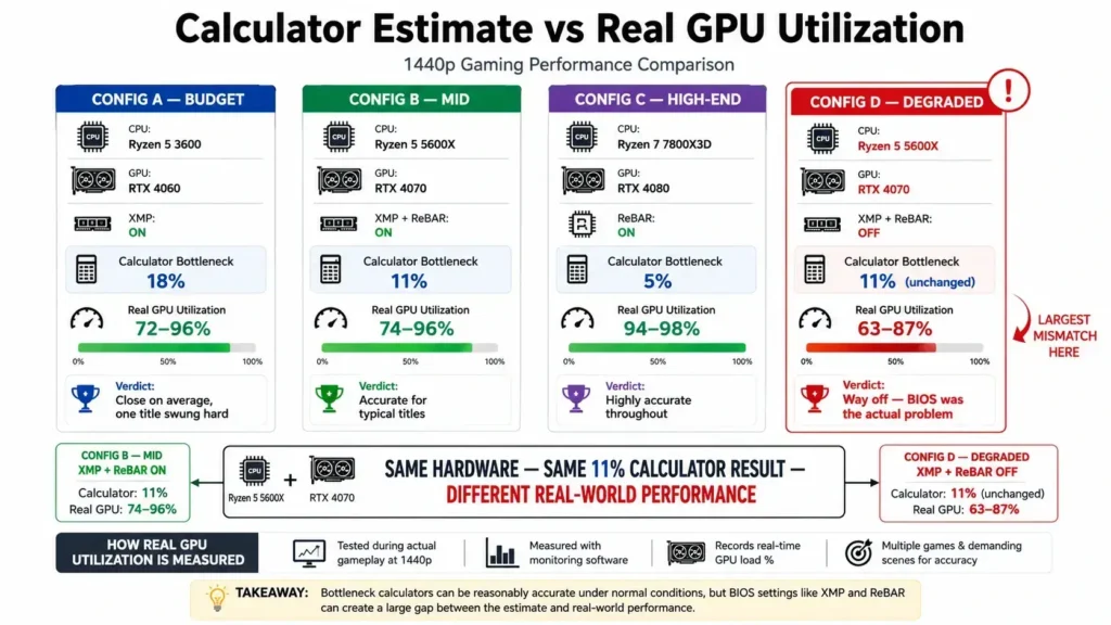 Bottleneck calculator estimates compared with real GPU utilization at 1440p