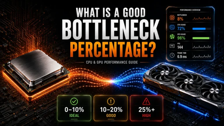 Illustration showing a CPU and GPU with bottleneck percentage ranges from ideal to severe for gaming PC performance.