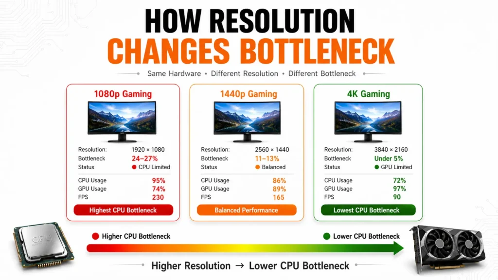 What Is a Good Bottleneck Percentage for CPU and GPU in a Gaming PC? 2 Infographic comparing bottleneck percentage and GPU utilization at 1080p, 1440p, and 4K resolutions using the same CPU and GPU.