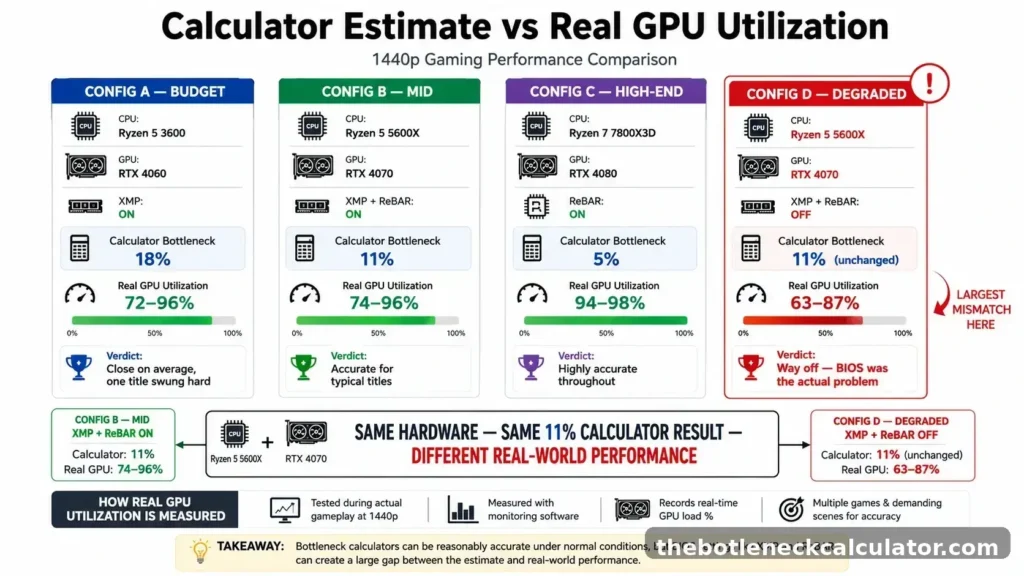 Bottleneck calculator estimates compared with real GPU utilization at 1440p
