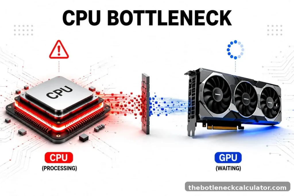 What Is a CPU Bottleneck? The Real Reason Your PC Feels Slow 1 Illustration showing a CPU bottleneck where the CPU is processing tasks while the GPU waits for data