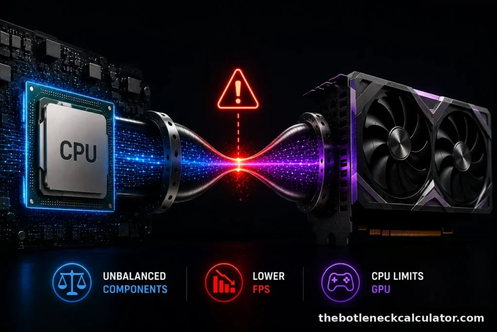 Bottleneck Calculator | Check CPU & GPU Performance Instantly 2 Illustration showing a CPU bottleneck limiting GPU performance, causing lower FPS and unbalanced PC components.