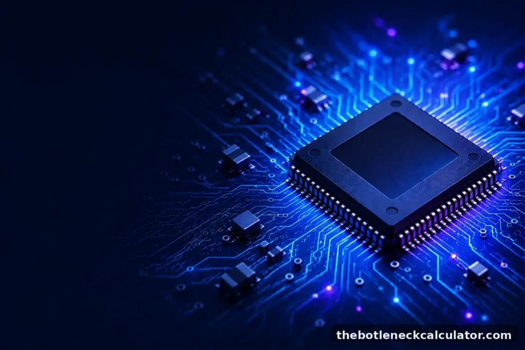 Bottleneck Calculator | Check CPU & GPU Performance Instantly 1 Close-up of a CPU processor installed on a motherboard for PC performance and bottleneck analysis.