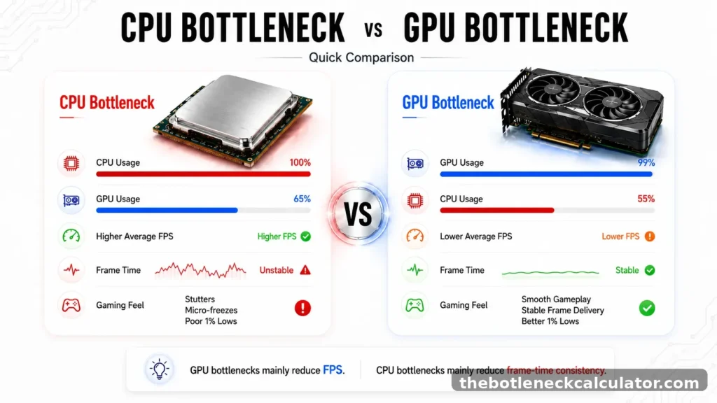 CPU Bottleneck vs GPU Bottleneck: Which One Is Actually Worse? (Signs, Causes and Fixes) 1 CPU vs GPU bottleneck comparison chart showing performance limits, usage differences, FPS behavior, and gaming symptoms