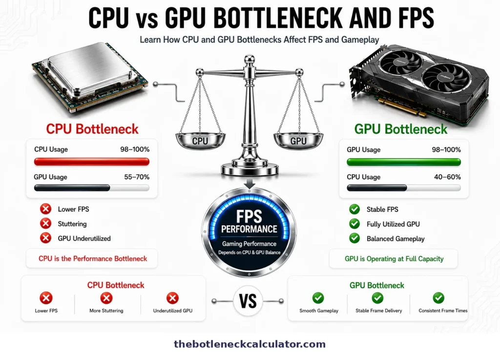 Infographic comparing CPU bottleneck and GPU bottleneck, showing how processor and graphics card usage affect FPS performance and gaming smoothness.