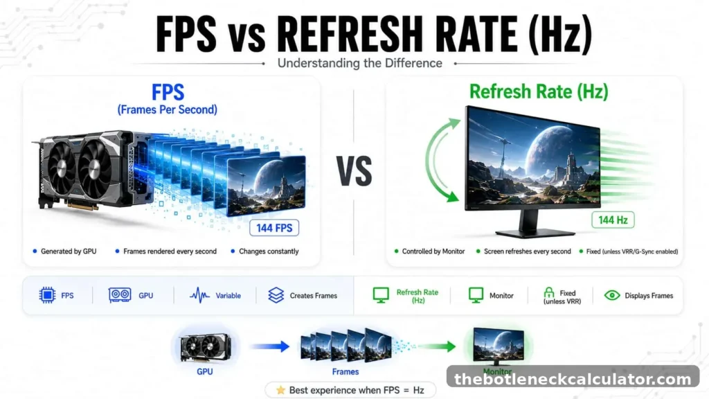 Comparison illustrating the difference between FPS (frames per second) and monitor refresh rate (Hz)