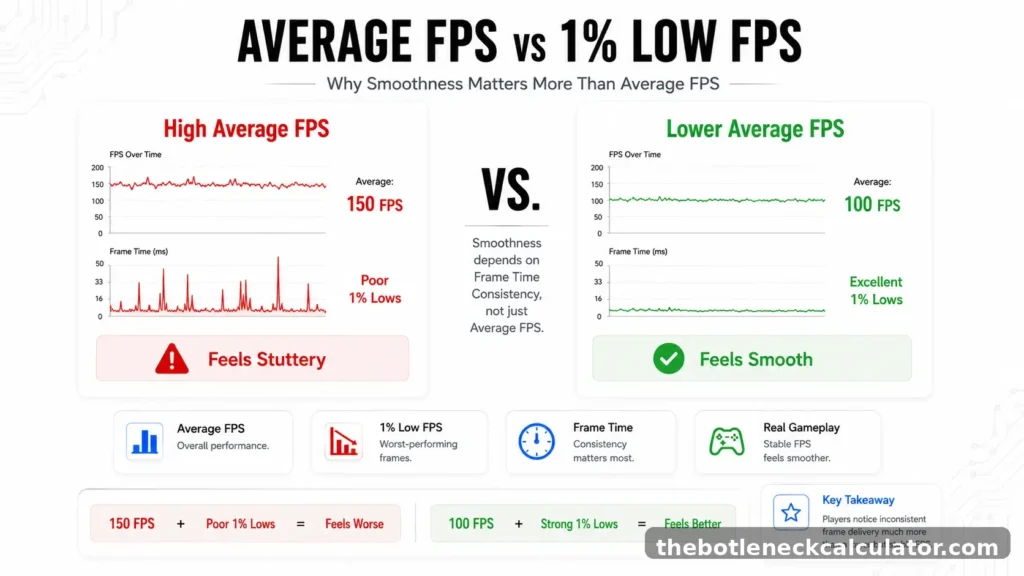 CPU Bottleneck vs GPU Bottleneck: Which One Is Actually Worse? (Signs, Causes and Fixes) 4 Infographic comparing average FPS and 1% lows, showing why CPU bottlenecks cause stuttering while GPU bottlenecks provide smoother frame delivery