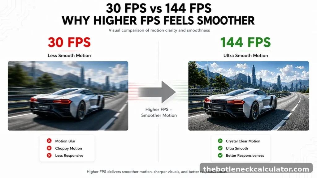 Infographic explaining how the human eye perceives frame rate, comparing 24 FPS film with 60 FPS, 120 FPS, and 240 FPS gaming motion.