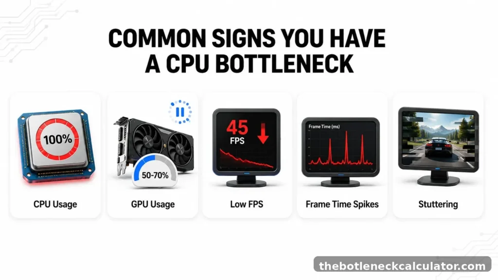 What Is a CPU Bottleneck? The Real Reason Your PC Feels Slow 4 Illustration showing how to identify a CPU bottleneck using Windows Task Manager by comparing CPU and GPU usage during gameplay.