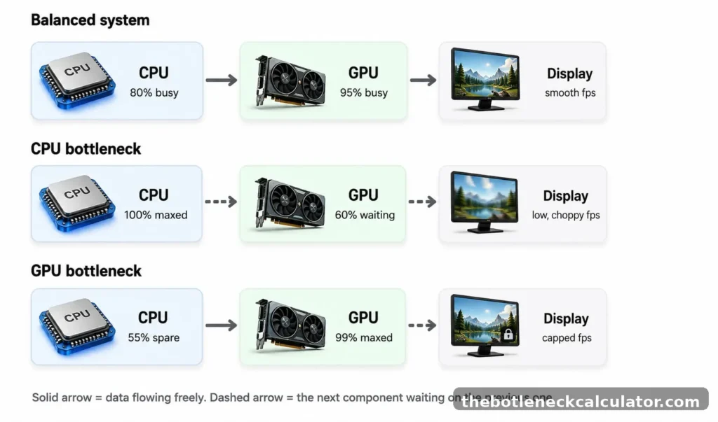 What Is a CPU Bottleneck? The Real Reason Your PC Feels Slow 3 Comparison diagram showing normal PC performance flow, CPU bottleneck, and GPU bottleneck, illustrating how CPU and GPU utilization affects gaming performance and frame delivery.