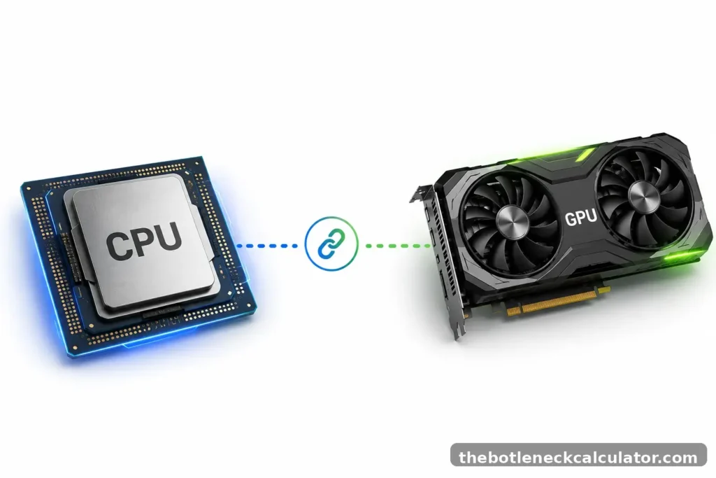 Bottleneck Calculator | Check CPU & GPU Performance Instantly 5 Illustration of a CPU and GPU connected together, representing recommended CPU and GPU pairings to avoid PC bottlenecks