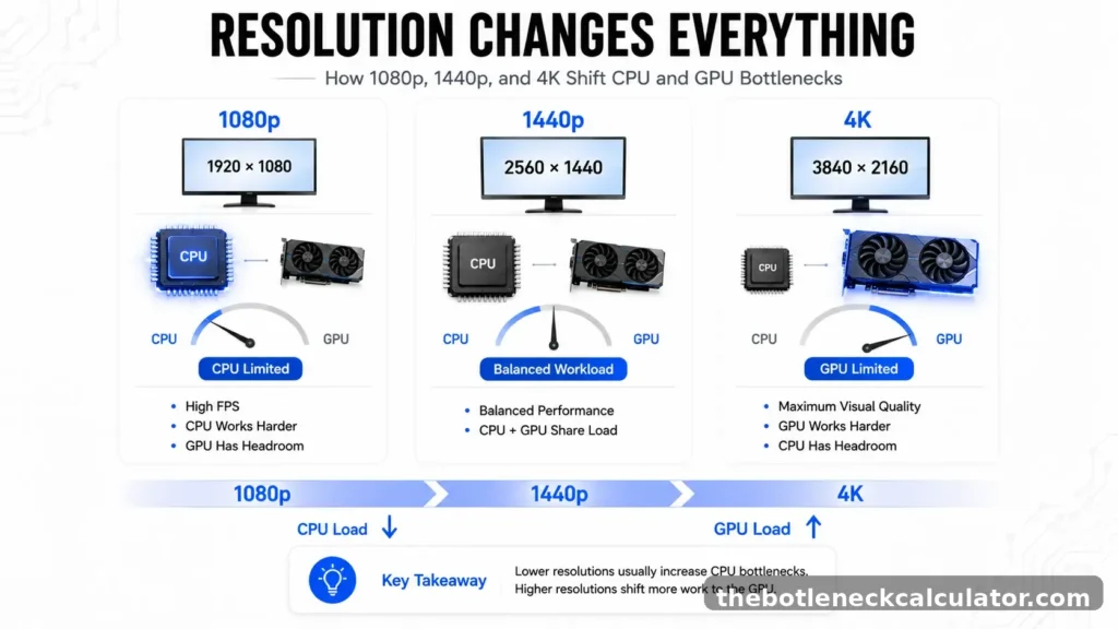 CPU Bottleneck vs GPU Bottleneck: Which One Is Actually Worse? (Signs, Causes and Fixes) 5 Comparison showing how 1080p, 1440p, and 4K resolutions affect CPU bottlenecks and GPU bottlenecks in gaming PCs