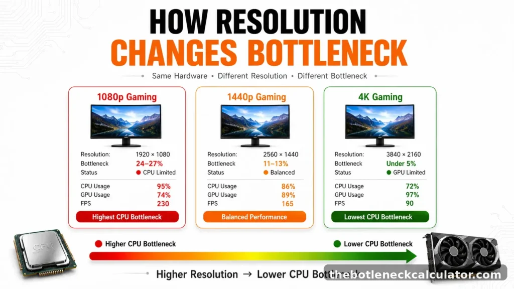What Is a Good Bottleneck Percentage for CPU and GPU in a Gaming PC? 2 Infographic comparing bottleneck percentage and GPU utilization at 1080p, 1440p, and 4K resolutions