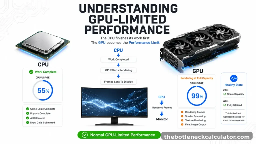 Can a GPU Bottleneck a CPU? Yes, Here's How the Reverse Bottleneck Works 1 Diagram explaining GPU-limited performance, showing the CPU completing its work before the GPU finishes rendering graphics.