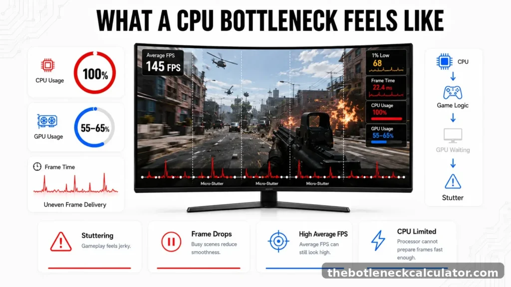 CPU Bottleneck vs GPU Bottleneck: Which One Is Actually Worse? (Signs, Causes and Fixes) 2 Illustration showing a CPU bottleneck causing stuttering, uneven frame times, and high CPU usage during gaming