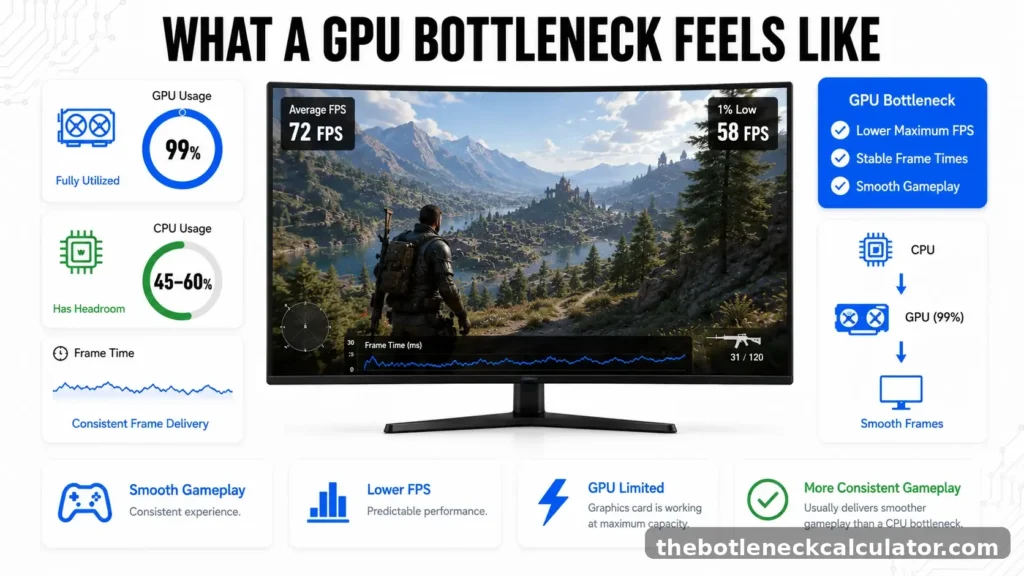 CPU Bottleneck vs GPU Bottleneck: Which One Is Actually Worse? (Signs, Causes and Fixes) 3 Illustration showing a GPU bottleneck with 99% GPU usage, consistent frame times, and smooth gaming performance despite lower FPS