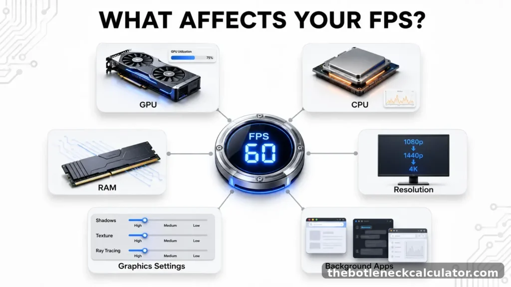 Infographic showing the main factors that affect FPS including GPU, CPU, RAM, resolution, graphics settings, game optimization, and background processes.