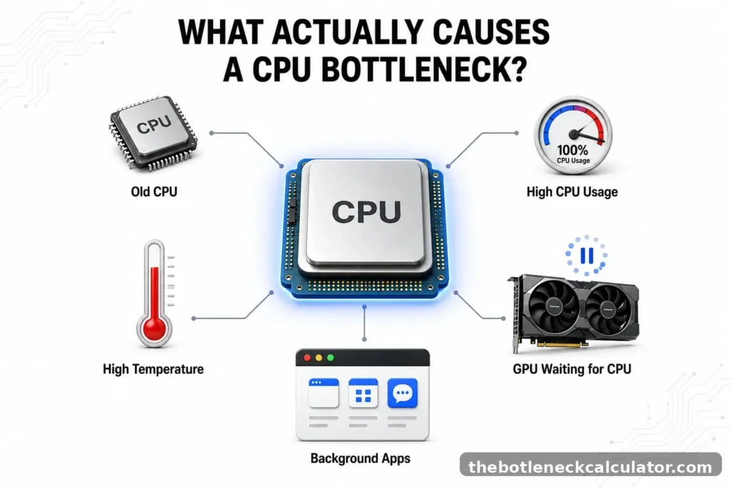 What Is a CPU Bottleneck? The Real Reason Your PC Feels Slow 2 Illustration showing the most common causes of a CPU bottleneck, including an old CPU paired with a modern GPU, CPU-intensive games, 1080p gaming, background applications, low core count, thermal throttling, and incorrect BIOS or power settings.