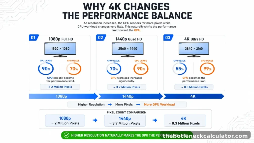 Can a GPU Bottleneck a CPU? Yes, Here's How the Reverse Bottleneck Works 2 Comparison of CPU and GPU utilization at 1080p, 1440p, and 4K resolutions, showing how higher resolutions increase GPU workload.